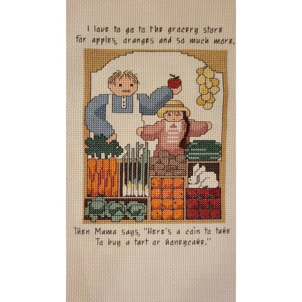 Vtg FINISHED CROSS STITCH Needlepoint‎ Girl and Clerk Market Scene quote 13"
